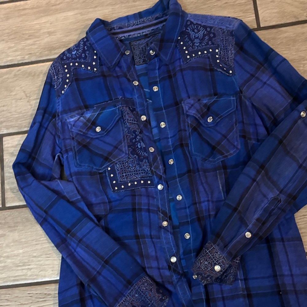 Affliction Blue Plaid Button Down Shirt - Picture 4 of 7